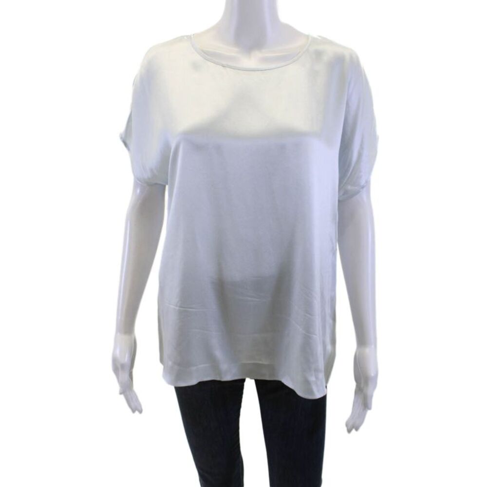 Pure Collection Women Light Blue Silk Round Neck Short Sleeve Blouse Size 8